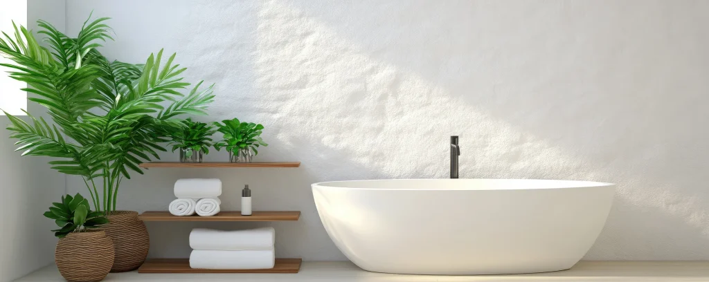 bright modern bathroom interior with white bathtub and plants in natural light free photo